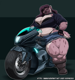anthro big_breasts big_legs body_hair boots bottomwear breasts brown_hair canine_teeth choker clothing ear_piercing eyebrow_piercing facial_piercing female footwear g-string grin hair hand_on_hip happy_trail huge_breasts huge_hips huge_thighs jewelry long_hair looking_at_viewer motorcycle musclegut muscular muscular_anthro muscular_female necklace nose_piercing overweight overweight_anthro overweight_female piercing pose pubes septum_piercing shoes shorts simple_background smile solo text thick_thighs topwear underwear vehicle wide_hips xxsparcoxx roxanne_(skarlett_cynder) hyena mammal hi_res url