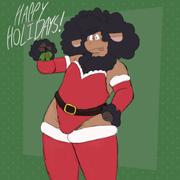 3_fingers afro anthro arm_warmers arms_bent armwear belt black_belt black_body black_eyebrows black_eyes black_fur black_hair brown_body brown_fur bulge christmas_clothing christmas_legwear christmas_topwear circle_eyebrows clothed clothed_anthro clothed_male clothing curly_hair dotted_background eyebrow_through_hair eyebrows fingers fur green_background hair holding_mistletoe holiday_message holidays hooved_fingers hooves legwear leotard looking_at_viewer male male_anthro mistletoe multicolored_body multicolored_fur pattern_background pink_inner_ear pink_tongue plant red_arm_warmers red_armwear red_clothing red_legwear red_leotard red_thigh_highs red_tongue simple_background smile smiling_at_viewer solo text thick_thighs thigh_highs tongue topwear translucent translucent_hair two_tone_body two_tone_fur wool_(fur) buleruby christmas bule_(buleruby) bovid caprine mammal sheep 1:1 2025 absurd_res digital_drawing_(artwork) digital_media_(artwork) english_description english_text flat_colors hi_res portrait three-quarter_portrait
