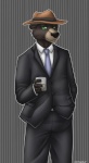 5_fingers anthro beverage biped black_nose bottomwear brown_body brown_fur clothing container cup dress_shirt facial_markings fingers food front_view fur green_eyes hat head_markings headgear headwear holding_container holding_cup holding_object jacket looking_at_viewer male markings muzzle_(marking) necktie outline pants pattern_background shirt simple_background snout snout_markings solo standing striped_background suit tan_body tan_fur topwear catwolf american_black_bear bear black_bear mammal ursine 2013 portrait three-quarter_portrait