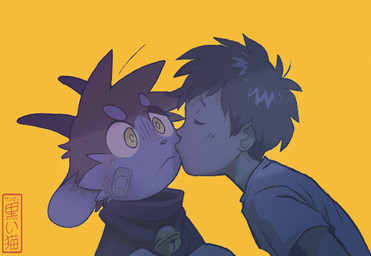 anthro band-aid band-aid_on_face bandage bandage_on_face bell horn human_on_anthro interspecies kissing male male/male monotone_background simple_background solo yellow_background yellow_eyes koiyaroid mythology klaus_(koiyaroid) dragon human mammal mythological_creature mythological_scalie scalie signature