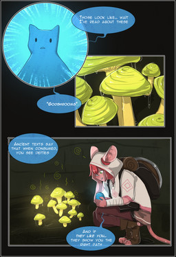anthro black_border border clothed clothing dialogue duo female fungus fur hair male mushroom speech_bubble tentacles text yourumi tilly_(yourumi) mammal mouse murid murine rodent absurd_res comic digital_media_(artwork) english_text hi_res