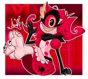 1_eye 4_fingers 4_toes barefoot clothed clothing feet female fingers foot_focus humanoid_feet looking_at_viewer plantigrade smile soles solo toes anonbb hazbin_hotel hellaverse niffty_(hazbin_hotel) cyclops demon demon_humanoid humanoid