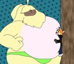 anthro belly clothing crush duo fur hair hair_over_eyes long_ears male male/male overweight overweight_male ponytail_ears size_difference speedo swimwear yellow_body yellow_fur wolfox90210 bandai_namco digimon angoramon canid canine digimon_(species) fox lagomorph leporid mammal rabbit