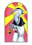 2009 annoyed anthro avian bird clothing feathers fire frown great_blue_heron great_heron heron pelecaniform saint saint_heronius solo story story_in_description ursula_vernon yellow_eyes yo-yo