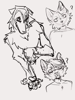 anthro confusion fur group looking_at_viewer male question_mark self-harm teeth trio puppy_meats rooster_(rottingxrooster) canid canine canis domestic_cat domestic_dog felid feline felis mammal hi_res sketch