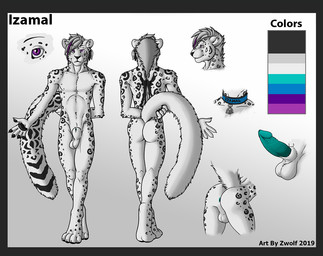 animal_genitalia anthro anus balls biped black_border black_pawpads border butt claws collar color_swatch erection flaccid front_view fully_sheathed fur genitals grey_hair hair holding_tail male markings pawpads paws penis perineum pose pubes sheath simple_background smile solo spots spotted_body spotted_fur spotted_skin tail text white_background white_body white_claws white_eyes white_fur zwolf izamal felid leopard mammal pantherine snow_leopard 2013 english_text model_sheet shaded soft_shading