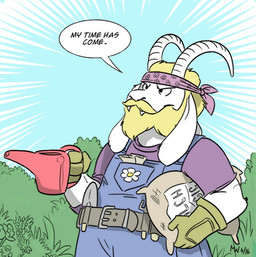 anthro beard biped blonde_hair clothing facial_hair fur gardener gardening_tool hair horn male mature_anthro mature_male mulch outside smile solo standing text trowel watering_can white_body white_fur luisa-ft lynxgriffin undertale undertale_(series) asgore_dreemurr boss_monster_(undertale) bovid caprine mammal 2016 digital_media_(artwork) english_text