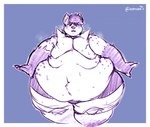 anthro belly big_belly blush bodily_fluids catrubs claws clothed clothing fat_rolls fur hyena love_handles male mammal markings moobs navel obese obese_anthro obese_male open_mouth overweight overweight_anthro overweight_male solo spots spotted_body spotted_fur spotted_hyena standing sweat sweatdrop thick_thighs topless wide_hips