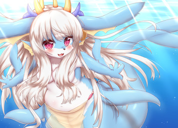 4_fingers anthro black_nose blue_body blush bottomwear clothed clothing convenient_censorship cute_fangs fangs female female_anthro fin fingers glistening glistening_body hair horn kemono light loincloth long_hair looking_at_viewer navel open_mouth pawpads pink_eyes sea solo split_form sunlight tail teeth topless translucent translucent_clothing underwater water white_body white_hair horokusa0519 aquatic hybrid mammal merfolk 2020 digital_media_(artwork) hi_res