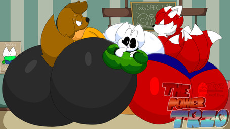 anthro bakery big_breasts big_butt breasts brown_body brown_fur butt clothing female fur glowing glowing_body green_clothing green_sweater green_topwear group huge_butt male red_body red_fur sweater text topwear trio white_body luigidoesathing microsoft ori_(series) xbox_game_studios loney_(luigidoesathing) olive_(luigidoesathing) canid canine fox guardian_spirit mammal 2023 absurd_res artist_name hi_res