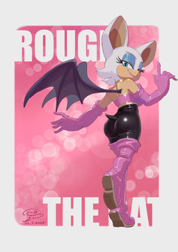 5_fingers abstract_background anthro armwear bat_wings big_ears black_nose blue_eyes blue_eyeshadow boots border butt clothing elbow_gloves eyebrows eyelashes eyeshadow fangs female fingers footwear gloves grey_border hair half-closed_eyes handwear legwear lipstick looking_at_viewer looking_back makeup membrane_(anatomy) membranous_wings narrowed_eyes pink_lipstick rear_view shoes short_hair smile solo teeth text thigh_boots thigh_highs tight_clothing white_hair wings nuthename sega sonic_the_hedgehog_(series) rouge_the_bat bat mammal 2025 dated english_text hi_res