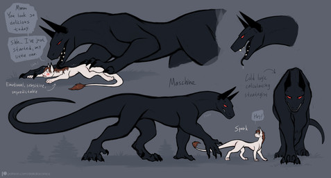 black_body black_horn blush blush_lines bodily_fluids brown_hair dialogue directional_arrow duo eye_contact female feral grey_background hair hand_on_arm hand_on_tail horn long_tail looking_at_another male open_mouth pinned pinned_to_ground quadruped red_eyes saliva saliva_on_tongue saliva_string simple_background speech_bubble tail talking_feral text white_body darkdraconica mythology maschine_(darkdraconica) spark_(darkdraconica) dragon mythological_creature mythological_scalie scalie wingless_dragon character_name digital_media_(artwork) english_text hi_res multiple_scenes url