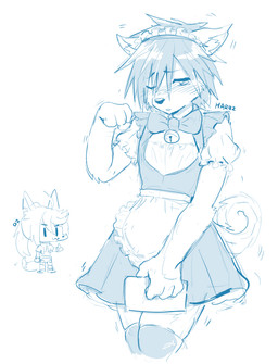 4_fingers anthro bangs bell biped blush bodily_fluids clothed clothed_anthro clothed_female clothing crossdressing curled_tail duo female female_anthro fingers flat_chested hair maid_uniform short_hair simple_background standing tail tears text three-quarter_view uniform white_background sollyz haruz canid canine canis domestic_dog mammal 2019 blue_and_white digital_drawing_(artwork) digital_media_(artwork) english_text handwritten_text hi_res monochrome signature sketch