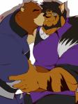 anthro beard belly black_nose brown_body brown_fur clothed clothing duo facial_hair fur hair humanoid_hands kissing long_hair male male/male musclegut muscular muscular_male pecs simple_background smile white_background zombiehk morenatsu juuichi_mikazuki zeus_hartline bear domestic_cat felid feline felis maine_coon mammal ursine 2019 absurd_res digital_media_(artwork) hi_res