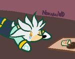 anthro bodily_fluids chibi coffee_cup container crying cup emotional_damage male simple_background solo spilled_drink tears tears_of_pain nokamiwd sega sonic_the_hedgehog_(series) silver_the_hedgehog eulipotyphlan hedgehog mammal low_res meme