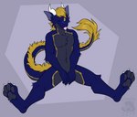 anthro blonde_hair blue_body blue_fur blue_pawpads digitigrade fur hair male one_eye_closed pawpads simple_background smile solo spread_legs spreading tail tail_tuft tongue tongue_out tuft wink yellow_eyes skdaffle mythology arch_(goodornot) dragon furred_dragon furred_scalie mythological_creature mythological_scalie scalie absurd_res hi_res