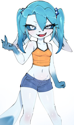 anthro biped breasts chibi claws clothed clothed_anthro clothed_female clothing female fingers front_view fur hair looking_at_viewer navel smile solo standing tail azuu nintendo pokemon eeveelution generation_4_pokemon glaceon pokemon_(species) 2026 absurd_res digital_drawing_(artwork) digital_media_(artwork) hi_res