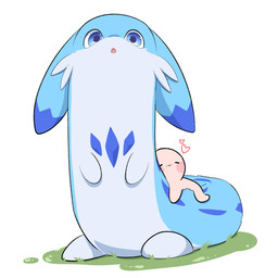 blue_body blue_eyes blue_fur chibi cuddling duo feral fur heart_symbol sleeping dwain_art palworld pocketpair chillet human mammal pal_(species) 2024 absurd_res hi_res
