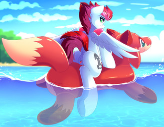 anus beach butt clitoral_winking clitoris cutie_mark dock_(anatomy) feathered_wings feathers female feral floating fur genitals looking_at_viewer looking_back mane outside pool_float red_mane red_tail sea seaside solo tail vulva water white_body white_fur wings airiniblock hasbro my_little_pony mythology swift_apex equid equine mammal mythological_creature mythological_equine pegasus absurd_res hi_res