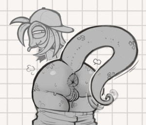 anthro anus backwards_baseball_cap backwards_hat baseball_cap big_anus big_butt black_eyes bodily_fluids bottomwear bottomwear_down butt clothed clothing female genitals hat headgear headwear long_tail looking_at_viewer looking_back looking_back_at_viewer narrowed_eyes pants pants_down partially_clothed smile solo sweat tail thick_thighs tongue tongue_out vulva wide_hips hootpizza scalie