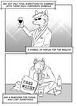 absurd_res anthro black_and_white canid canine clothed clothing comic container cup drinking_glass duo eyewear glass glass_container glass_cup hi_res homeless kifyun2 male mammal monochrome necktie sign simple_background speech_bubble suit sunglasses text trash wine_glass