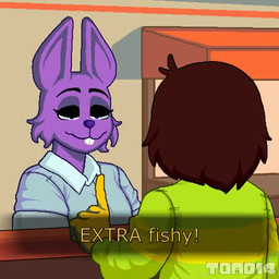 ambiguous_gender anthro asking_another beak blue_body blue_feathers brown_hair captions dialogue eyewear feathers female fur glasses hair hair_over_eyes looking_at_another looking_at_viewer male purple_body purple_fur purple_scales scales spit-take talking_to_another toad14 cartoon_network deltarune steven_universe undertale_(series) berdly kris_(deltarune) qc_(undertale) rabbit_shopkeeper susie_(deltarune) avian bird human lagomorph leporid mammal rabbit reptile scalie 1:1 2025 2d_animation animated frame_by_frame low_res sound voice_acted webm