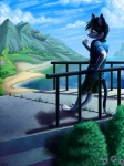 anthro beach black_body black_fur clothed clothing concrete detailed_background flower fur grass holding_object leaning leaning_backward looking_at_viewer looking_back male mountain object_in_mouth outside pink_nose plant railing rear_view sand scenic_view sea seaside shrub sky solo water white_body white_fur yellow_eyes young young_anthro conditional_dnp ratte legacy_(ratte) silas_(ratte) avian bird domestic_cat faraden felid feline felis mammal new_faraden 2013 3:4 digital_media_(artwork) hi_res signature wallpaper