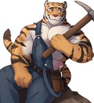 anthro belt bodily_fluids clothed clothing cum erection eyebrows fur genital_fluids genitals glans holding_object holding_pickaxe holding_tool humanoid_genitalia humanoid_penis male muscular muscular_anthro muscular_male overalls overalls_only pecs penis penis_poking_out pickaxe pink_glans pouch_(clothing) rock simple_background sitting smile solo tan_penis tools tuft wardrobe_malfunction white_background makowolf1 echo_(series) echo_project the_smoke_room feng_yaolin felid mammal pantherine tiger 2021 absurd_res hi_res