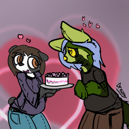 anthro blue_hair cake clothing decoration dessert duo female food fur green_body green_fur hair heart_symbol love male male/female overweight wide_hips dreamingfur ailurid bear giant_panda mammal red_panda 1:1 absurd_res hi_res