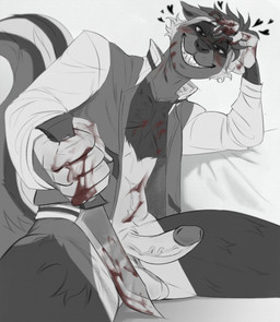 anthro balls blood bodily_fluids clothing erection fur genitals glans humanoid_genitalia humanoid_penis jacket knife looking_at_viewer male penis sitting smile solo topwear seraphsigil mammal mephitid skunk hi_res