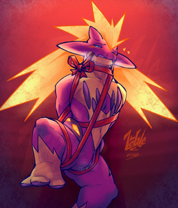3_toes animal_genitalia anthro athletic athletic_anthro athletic_male bdsm biped blue_eyes blush blush_lines bodily_fluids bondage bound deep_navel feet fire flaming_hair genital_slit genitals gift_wrapped glowing glowing_eyes heart_symbol holidays looking_at_viewer male navel one_eye_closed person_as_gift pseudo_hair purple_body ribbon_bondage ribbons slave smile smiling_at_viewer smirk smirking_at_viewer solo teeth toes wink winking_at_viewer withdrawn_penis yellow_body abzel christmas nintendo pokemon lazarus_(abzel) amped_toxtricity generation_8_pokemon pokemon_(species) toxtricity 2024 dated digital_media_(artwork) digital_painting_(artwork) english_description painting_(artwork) signature