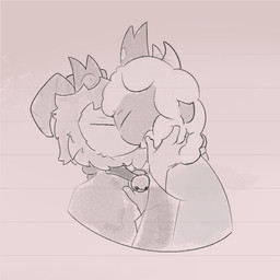ambiguous_gender anthro bell bell_collar clothed clothing collar collar_pull duo eyes_closed fur hand_on_face horn kiss_on_lips kissing simple_background wool_(fur) gazaster cult_of_the_lamb massive_monster_(studio) goat_(cult_of_the_lamb) lamb_(cult_of_the_lamb) bovid caprine goat mammal sheep 1:1 2026 digital_media_(artwork)