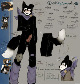 animal_genitalia animal_penis anthro anus backsack balls band-aid band-aid_on_face band-aid_on_leg bandage bandage_on_face black_body black_fur blush bodily_fluids bracelet bulge butt canine_genitalia canine_penis character_bio chibi clothed clothing cum dipstick_tail encouragement floppy_ears flustered fur genital_fluids genitals heart_symbol jewelry kerchief knee_pads knot leg_warmers legwear male markings medallion midriff mole_(marking) narrowed_eyes neckerchief neckwear nervous one_ear_up penis pie_cut_eyes pleading_eyes precum pronouns shaking shy slim_male smile solo stated_age stated_gender stated_height stated_penis_size stated_sexuality submissive tail tail_grab tail_markings tail_motion tailwag technology text throbbing throbbing_penis topless trembling v-line cerberussenn lucky_sweeto_(cerberussenn) canid canine canis mammal wolf absurd_res hi_res signature sketch_page