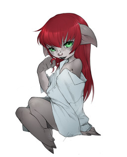 bare_legs bedroom_eyes bottomless clothed clothing collared_shirt dress_shirt female green_eyes hair looking_at_viewer narrowed_eyes off_shoulder off_shoulder_shirt oversized_clothing oversized_shirt oversized_topwear playing_with_hair red_hair seductive shirt simple_background sitting solo topwear white_background white_clothing white_shirt white_topwear lichtrash guild_wars asura humanoid