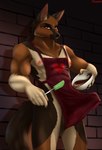 anthro apron apron_only candy chocolate clothed clothing dessert detailed_background erect_nipples erection erection_under_clothing food holding_food holding_object looking_at_viewer looking_pleasured male mostly_nude muscular muscular_male nipples smile smiling_at_viewer solo tsarinart canid canine canis domestic_dog german_shepherd herding_dog mammal pastoral_dog hi_res