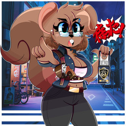 anthro belt bicycle blue_eyes bottomwear breasts brown_body brown_fur brown_hair building car chest_tuft claws cleavage clothed clothing eyebrow_through_hair eyebrows eyelashes eyewear female fluffy fluffy_tail fur gesture glasses gun hair hand_gesture handgun holster holstered_pistol looking_at_viewer midriff navel open_mouth pants pistol pointing pointing_at_viewer police police_badge ranged_weapon revolver sign solo street tail text traffic_cone translucent translucent_hair tuft vehicle weapon wireless_shiba ace_attorney capcom yuma_ita human mammal rodent sciurid tree_squirrel 1:1 2022 absurd_res english_text hi_res japanese_text translated