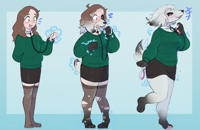 anthro barefoot black_sclera bottomwear breasts clothing collar feet female green_clothing green_shirt green_topwear holding_collar holding_object human_to_anthro leash legwear on_one_leg open_mouth pawpads shirt simple_background skirt smile solo species_transformation standing stockings tail topwear transformation pawberry borzoi canid canine canis domestic_dog human hunting_dog mammal sighthound 2023 hi_res