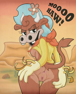 anthro anus bottomless butt clothed clothing cowboy_hat female hat headgear headwear looking_at_viewer presenting presenting_hindquarters solo spread_butt spreading weirdkoaladream cuphead_(game) esther_winchester_(cuphead) bovid bovine cattle mammal hi_res