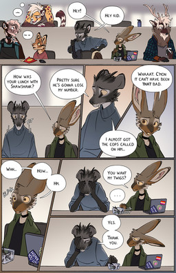 ambiguous_gender anthro antlers big_ears biped brown_eyes clothed clothed_anthro clothing computer dialogue electronics female food fur grey_body grey_fur group head_tuft horn inside laptop lecture_hall male orange_body orange_fur pointy_ears prick_ears sitting snout speech_bubble text tuft tusks yellow_sclera falco_works pen_(falco_works) rosa_(falco_works) cervine cheetah deer elk felid feline lagomorph leporid mammal rabbit tufted_deer 2024 comic digital_media_(artwork) english_text hi_res