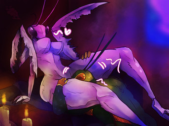 antennae_(anatomy) anthro breasts candle cunnilingus dominant dominant_female duo female hand_on_leg hand_on_thigh happy heart_symbol leaning leaning_backward male male/female mantis_arms multi_arm multi_limb nude oral sex simple_background sitting squish thigh_crush thigh_squish vaginal worship ssleepyflowers arthropod insect mantis hi_res