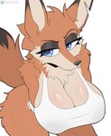 anthro arm_tuft big_breasts biped blue_eyes breasts cleavage clothed clothing eyelashes female female_anthro fur glistening_eyelids huge_breasts lidded_eyes multicolored_body multicolored_fur narrowed_eyes orange_body orange_fur shirt shoulder_tuft simple_background solo tan_body tan_inner_ear tank_top topwear tuft two_tone_body two_tone_face two_tone_fur two_tone_tail white_background cooliehigh ginger_(cooliehigh) canid canine fox mammal red_fox true_fox 2024 digital_media_(artwork) hi_res