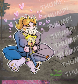 anthro blep blood bodily_fluids bodysuit breasts clothing cuddling duo female heart_symbol love male male/female medium_breasts nipple_outline nosebleed obsessed skinsuit tail tail_motion tail_thumping tailwag tight_clothing tongue tongue_out vault_suit soft_monster fallout microsoft vault_boy deathclaw human humanoid mammal scalie absurd_res hi_res