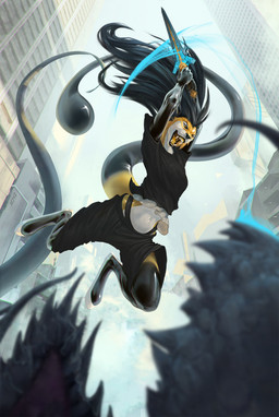 anthro attack female fight jumping latex solo conditional_dnp royz alyx_(latex) canid canine canis demon domestic_cat felid feline felis hybrid lynx mammal monster wolf hi_res
