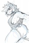 anthro bottomwear breasts butt butt_focus canid canine clothed clothing female looking_at_viewer mammal monochrome muscular muscular_anthro muscular_female shirt shorts side_boob simple_background sketch smile solo tank_top topwear tzarvolver