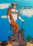 anthro ball_gag bdsm bondage bound cactus clothing cowboy cowboy_hat desert duo feet gag gagging hat headgear headwear hogtied male male/male plant role_reversal shrub standing_over text ollieotty mino ollie_the_otter bovid bovine cattle mammal mustelid otter english_text