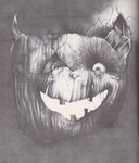 food fruit hairy holidays jack-o'-lantern looking_at_viewer mismatched_ears mismatched_eyes plant pumpkin smile solo uneven_eyes vein stephen_gammell halloween domestic_cat felid feline felis mammal 1989 black_and_white greyscale hi_res monochrome traditional_media_(artwork)