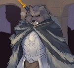 anthro armor black_nose blaidd_(elden_ring) blue_eyes canid canine canis cape clothed clothing digital_media_(artwork) elden_ring facial_scar fangs fromsoftware hi_res looking_down male mammal melee_weapon night outside scar seibear shaded solo standing sword teeth weapon wolf