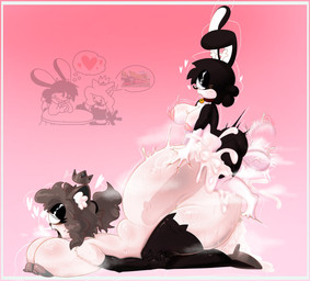 anthro balls big_breasts big_butt big_penis black_body bodily_fluids breasts brown_hair butt clothing crown cum cum_inside duo ejaculation female genital_fluids genitals hair headgear huge_breasts huge_butt huge_penis intersex intersex/female legwear penetration penis stockings rabbit5gamer domestic_cat felid feline felis lagomorph leporid mammal rabbit absurd_res hi_res