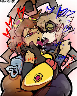 anthro arm_grab arm_tuft armwear big_butt black_armwear black_clothing black_eyewear black_gloves black_goggles black_handwear black_tail blush blush_lines breast_squish breasts brown_eyebrows brown_hair brown_tail butt clothing crooked_tail duo elbow_gloves elbow_tuft eyebrows eyewear female female/female french_kissing glasses glistening glistening_butt gloves goggles hair half-closed_eyes hand_on_cheek handwear heart_symbol hook hook_hand intraspecies kissing light_hair looking_at_another looking_at_partner metal_hand narrowed_eyes one_eye_closed open_mouth raised_tail red_clothing red_gloves red_handwear short_hair squish tail text thick_thighs tinted_glasses tremble_lines tuft whiskers yellow_eyewear yellow_goggles diddlydooter1 gameoverse glitch_productions kit_bodega scratch_(gameoverse) domestic_cat felid feline felis mammal artist_name