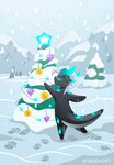 anthro big_tail chibi christmas_decorations christmas_lights christmas_tree evergreen_tree female glowing holidays markings pine_tree plant snow snowing solo spots spotted_markings tail tree stirren christmas stirren_(stirren) kobold scalie hi_res